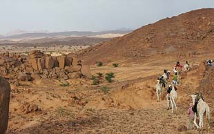 Der Kamelpfad führt in sandige Niederungen, Hoggar, Algerien