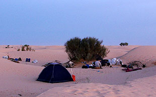 Abendstimmung – allen Teilnehmenden steht ein leicht aufzustellendes Kuppelzelt zur Verfügung – Zweierzelte, Grand Erg Oriental, Tunesien